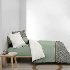 Housse de couette et deux taies percale de coton (260 x 240 cm) Belor Verte