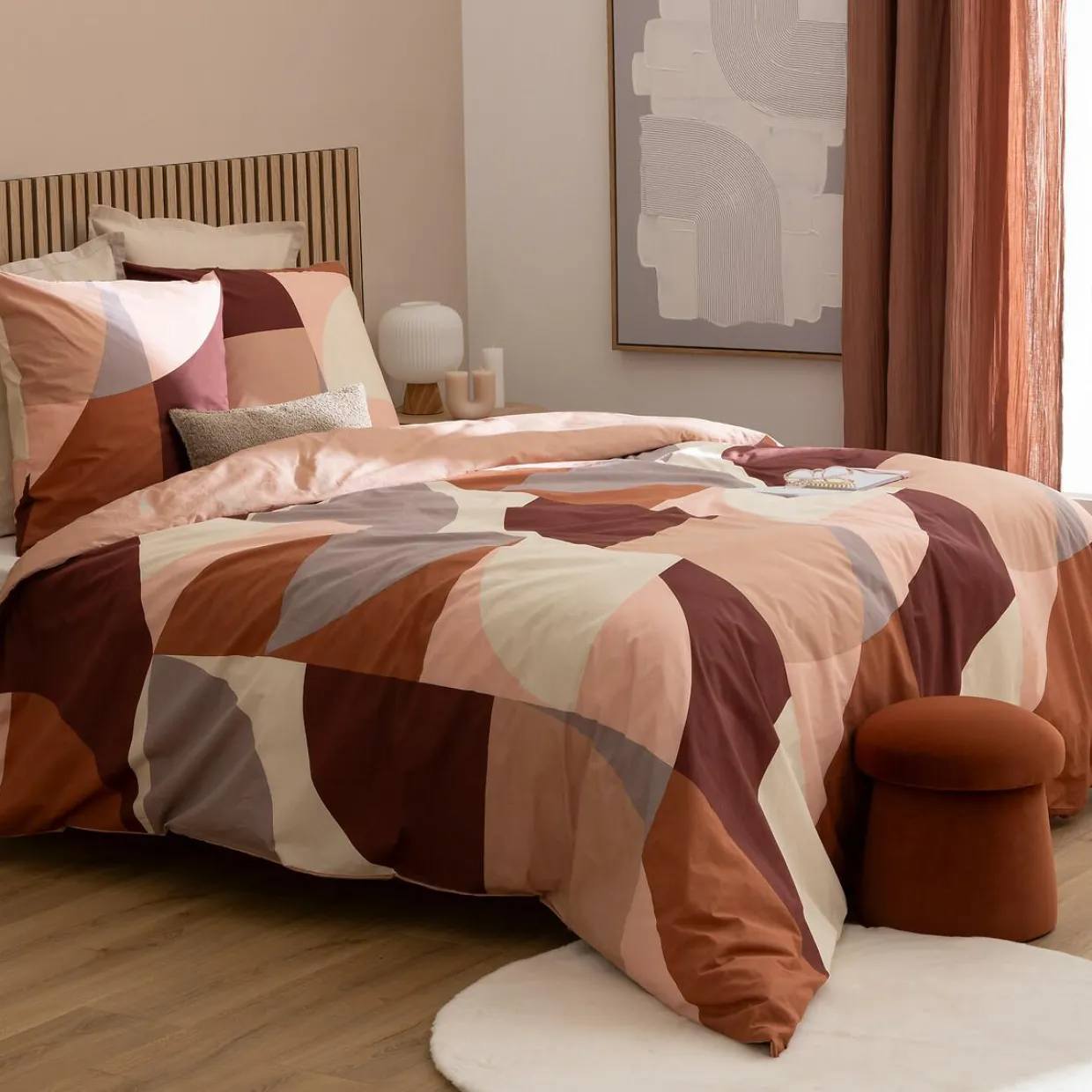 Housse de couette et deux taies percale de coton (240 x 220 cm) Tatia Terracotta