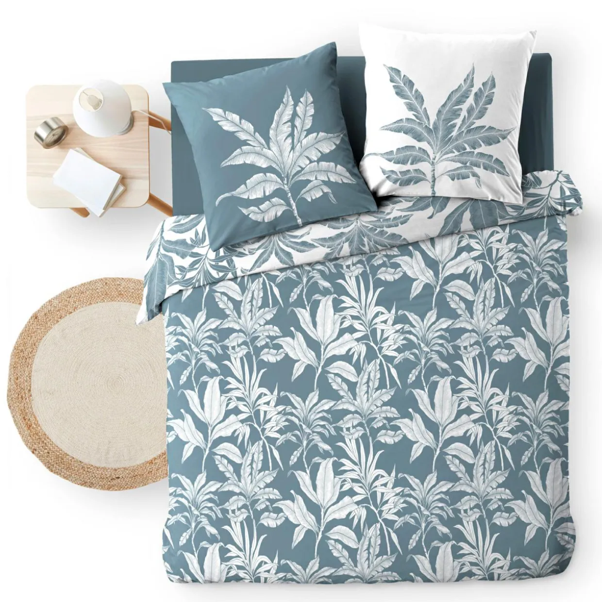 Housse de couette et deux taies d'oreiller en coton (240 x 220 cm) Hera Bleu