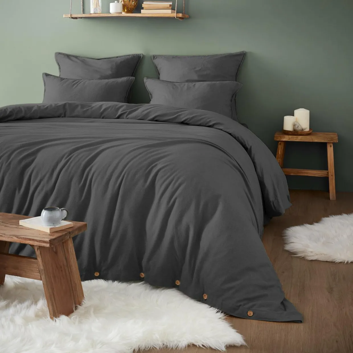 Housse de couette flanelle de coton (200 x 200 cm) Théa Gris anthracite