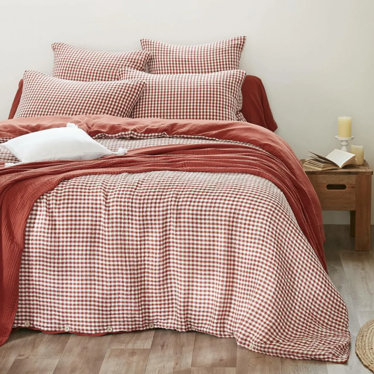 Housse de couette gaze de coton (200 x 200 cm) Gaïa vichy Terracotta