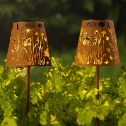 Lot de 2 bornes de jardin solaire LED (H58 cm) Floral Brun rustique