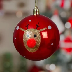 Lot de 12 Boules de Noël (D80 mm) Renne Clown paillettes Rouge et or