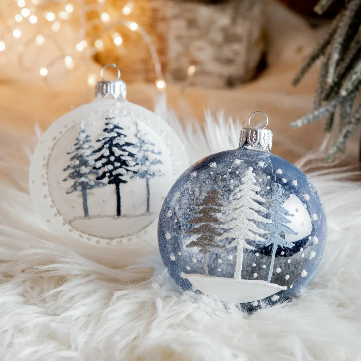Lot de 6 boules de Noël (D80 mm) en verre Forêt de sapins Bleu
