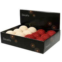 Lot de 12 boules de Noël (D100 mm) Carreaux et paillettes Rouge et perle