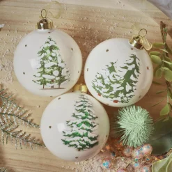 Lot de 3 boules de Noël en verre (D80 mm) Forêt mystique Blanc laine