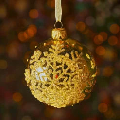 Lot de 6 boules de Noël en verre (D80 mm) Flocon pailleté Or