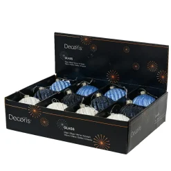 Lot de 12 boules de Noël en verre (D80 mm) Torsades Bleu et blanc
