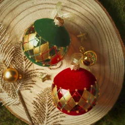 Lot de 6 boules de Noël en verre (D80 mm) Carreaux de velours Bordeaux et vert sapin