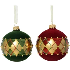 Lot de 6 boules de Noël en verre (D80 mm) Carreaux de velours Bordeaux et vert sapin