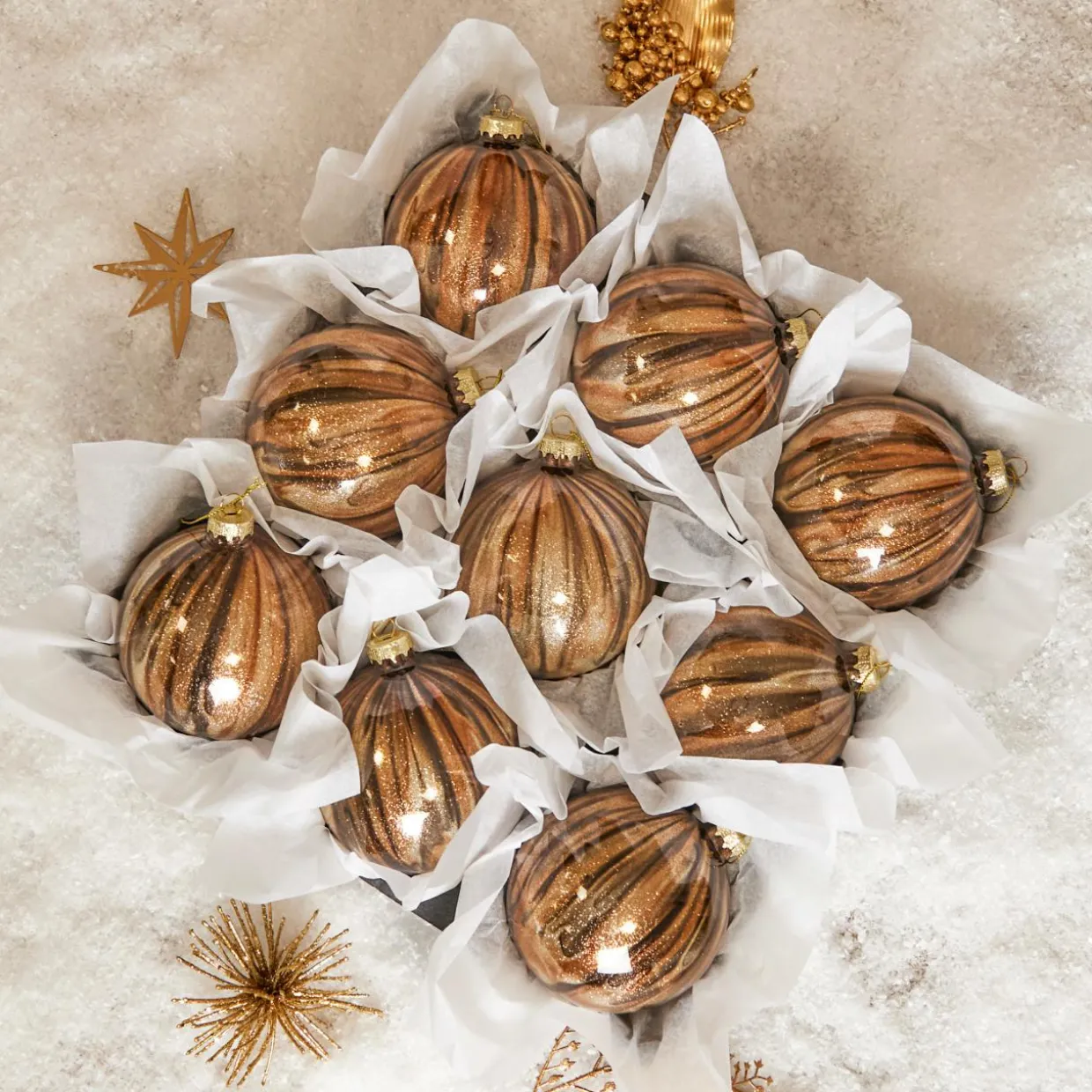 Lot de 9 boules de Noël en verre (D100 mm) New York Brun scintillant