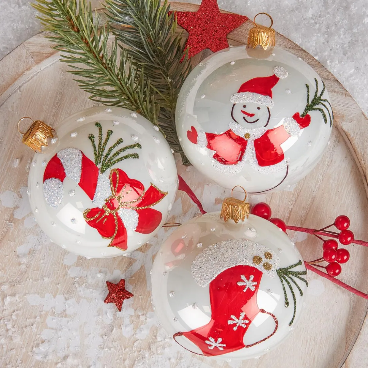 Lot de 12 boules de Noël en verre (D80 mm) Noël Tradition Blanc nacré