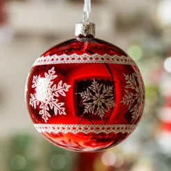 Lot de 6 boules de Noël en verre (D80 mm) Flocons d'hiver Rouge