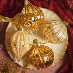 Lot de 12 boules de Noël en verre (D80 mm) Perle de Venise Or et perle