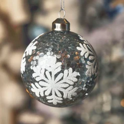 Lot de 3 boules de Noël en verre (D80 mm) Flocons et sequins Argent