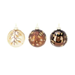 Lot de 12 boules de Noël en verre (D80 mm) Feuilles d'or Marron