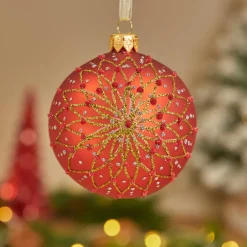 Lot de 6 boules de Noël en verre (D80 mm) Fleurs pailletées Rouge