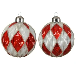 Lot de 12 boules de Noël en verre (D80 mm) Damiers Rouge et blanc