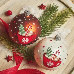 Lot de 6 boules de Noël en verre (D80 mm) Chocolat chaud Blanc et brun café