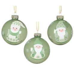 Lot de 12 boules de Noël en verre (D80 mm) Lutins joyeux Vert romarin