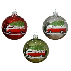 Lot de 6 boules de Noël en verre (D80 mm) Mini bus et Sapins