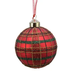 Lot de 3 boules de Noël en verre (D80 mm) Carreaux paillettés Rouge