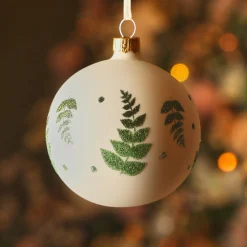 Lot de 6 boules de Noël en verre (D80 mm) Délicatesse Blanc laine et vert pailleté