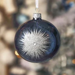 Lot de 6 boules de Noël en verre (D80 mm) Etincelle d'hiver Bleu nuit et Argent