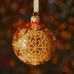 Lot de 6 boules de Noël en verre (D80 mm) Flocon pailleté Orange