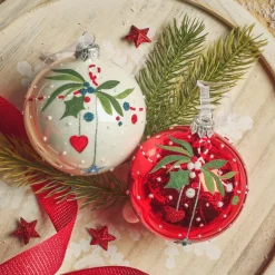 Lot de 6 boules de Noël en verre (D80 mm) Noël d'Antan Rouge et blanc