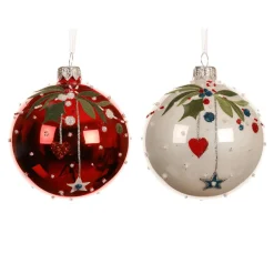 Lot de 6 boules de Noël en verre (D80 mm) Noël d'Antan Rouge et blanc