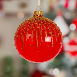 Lot de 6 boules de Noël en verre (D80 mm) Fleur givrée Rouge