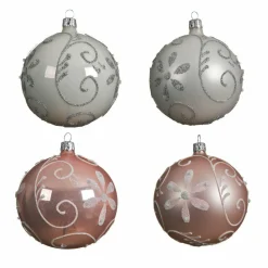 Lot de 4 boules de Noël en verre (D100 mm) Floris Blanc/ Rose