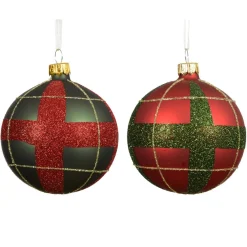 Lot de 6 boules de Noël en verre (D80 mm) Ecossais rouge et vert