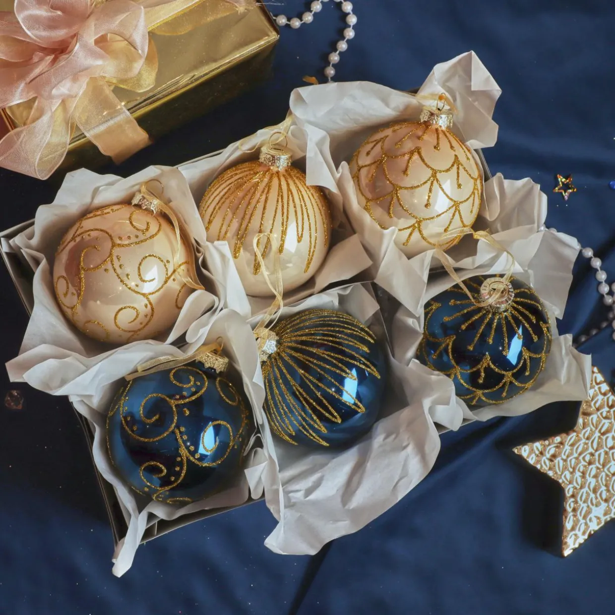 Lot de 12 boules de Noël en verre (D80 mm) Palais de France bleu nuit et perle