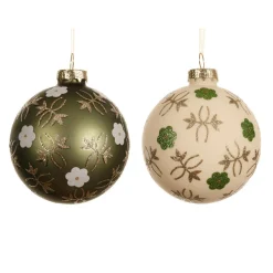 Lot de 12 boules de Noël en verre (D80 mm) Fleurs Nature Vert matcha et blanc