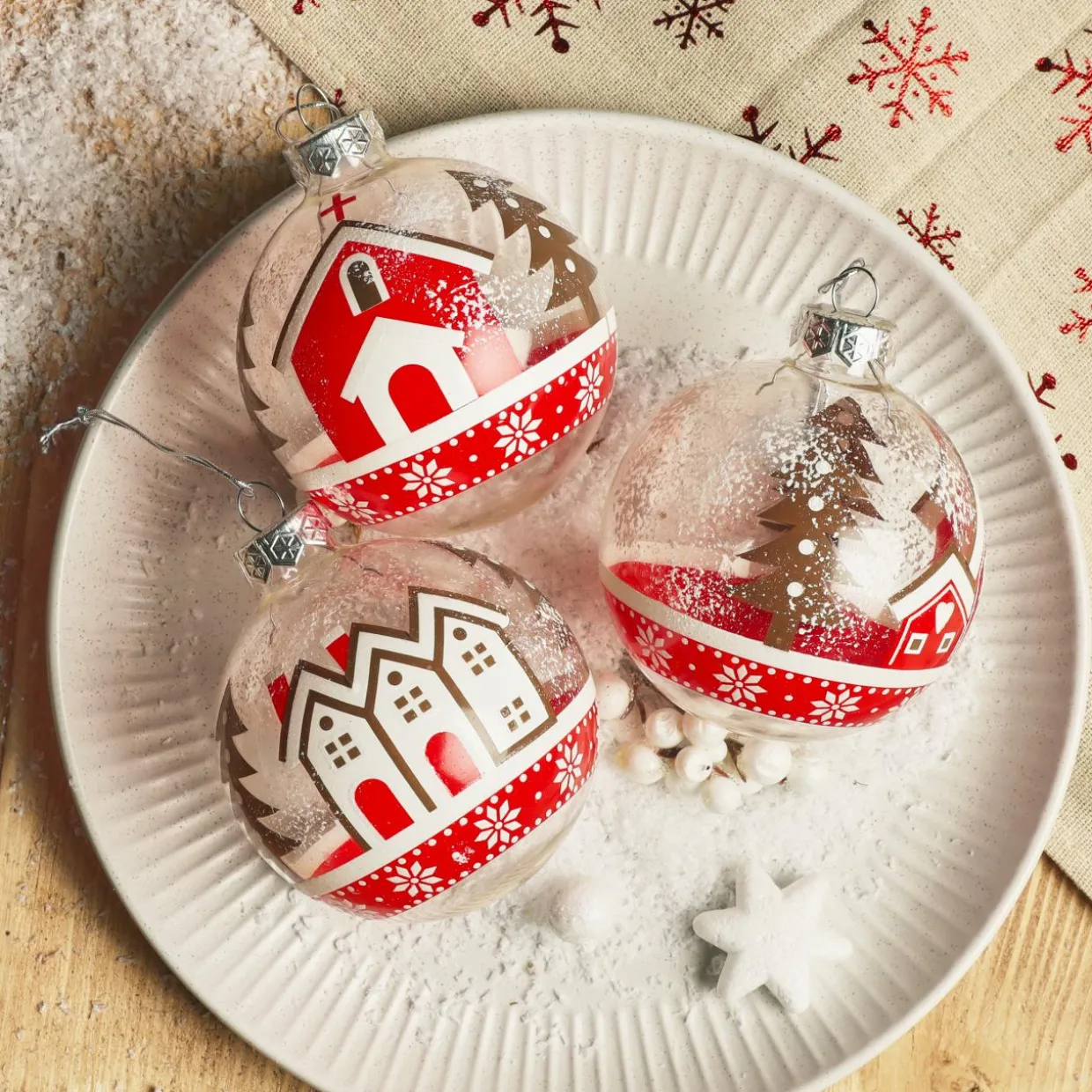 Lot de 12 boules de Noël en verre (D80 mm) Villages enneigés Rouge et blanc