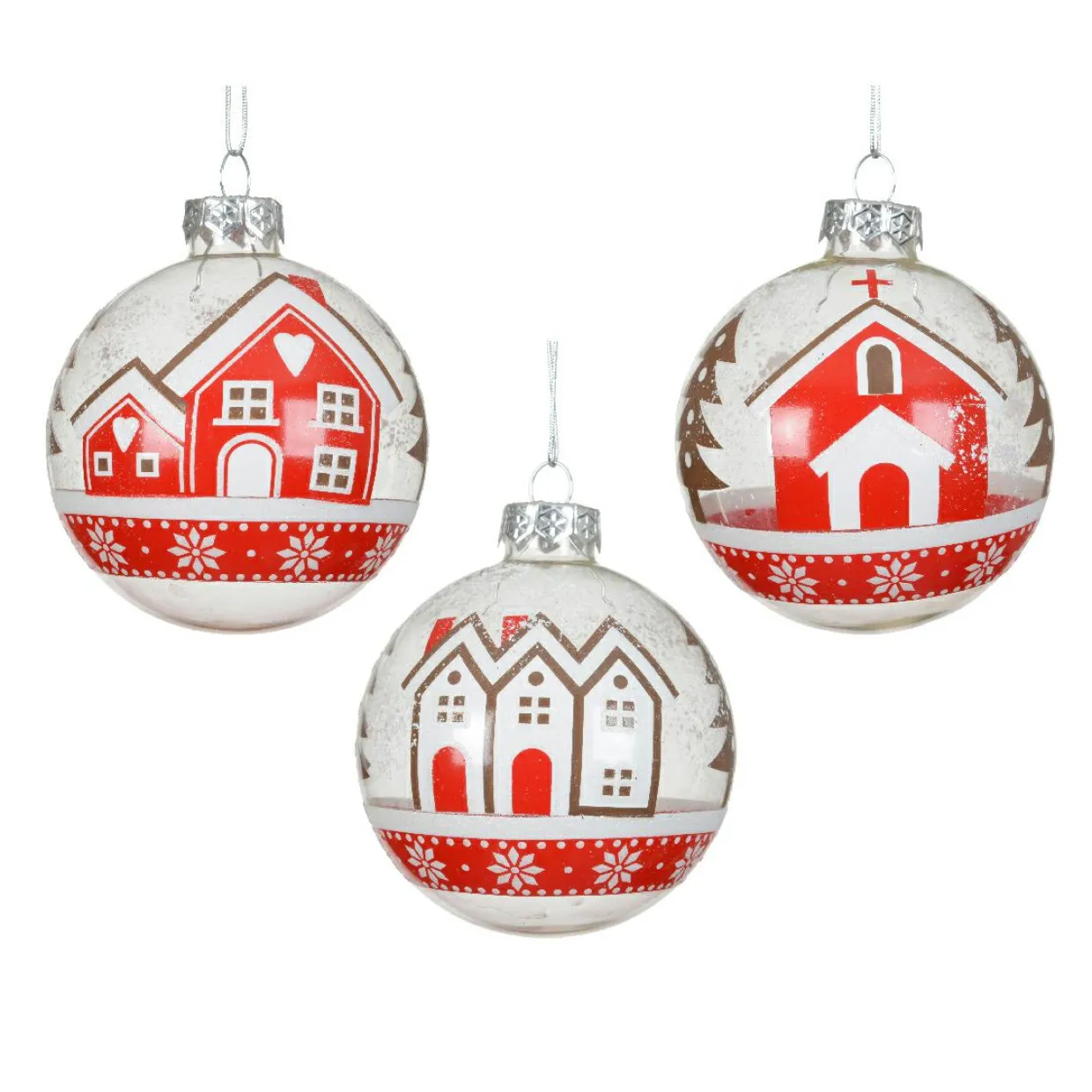 Lot de 12 boules de Noël en verre (D80 mm) Villages enneigés Rouge et blanc