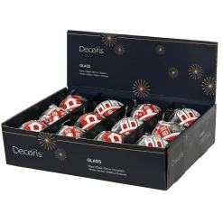 Lot de 12 boules de Noël en verre (D80 mm) Villages enneigés Rouge et blanc