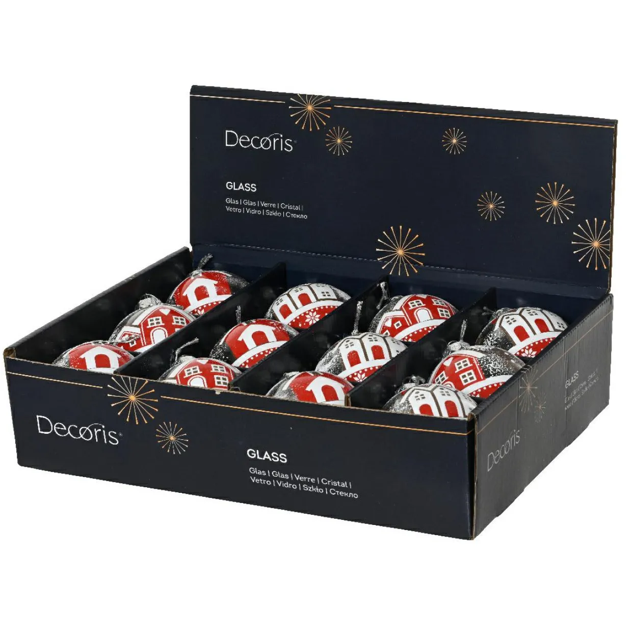 Lot de 12 boules de Noël en verre (D80 mm) Villages enneigés Rouge et blanc