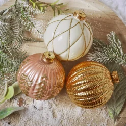 Lot de 12 boules de Noël en verre (D100 mm) Rêverie Or, rose et blanc