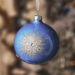 Lot de 6 boules de Noël en verre (D80 mm) Etincelle d'hiver Bleu ciel et Argent
