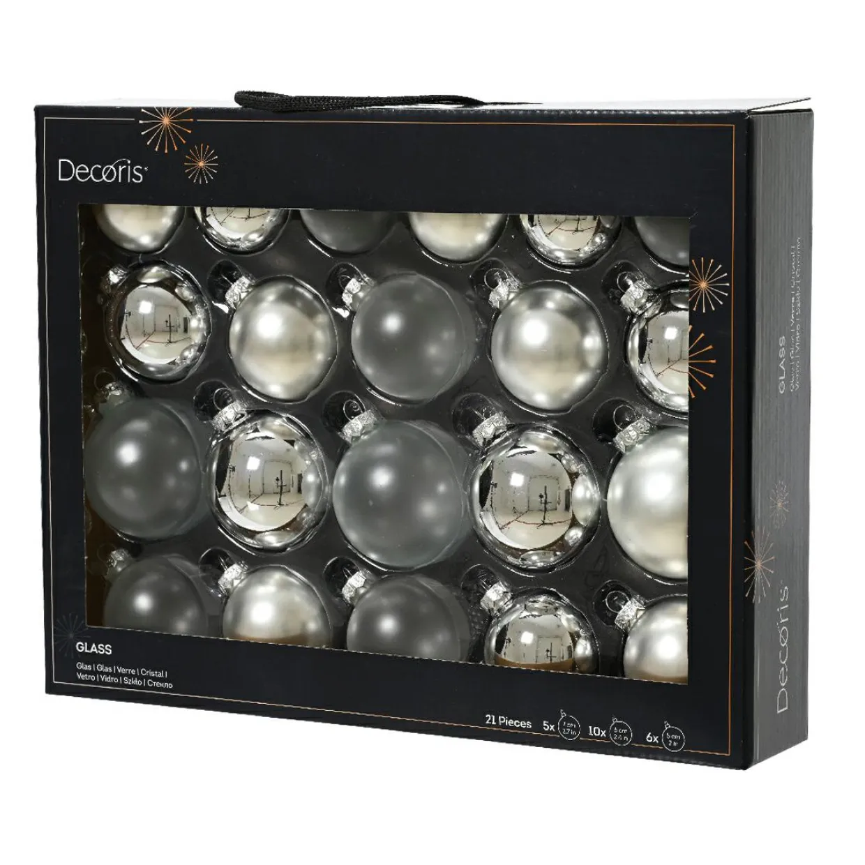 Lot de 21 boules de Noël en verre (D60 à 75 mm) Assorties Cristal Argent