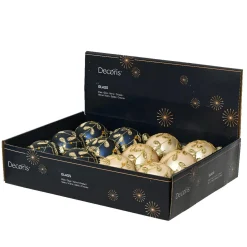 Lot de 12 boules de Noël en verre (D80 mm) Feuilles d'Or, bleu nuit et perle