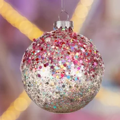 Lot de 3 boules de Noël en verre (D80 mm) Pailletées Rose