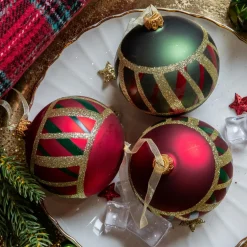 Lot de 6 boules de Noël en verre (D80 mm) Carreaux Vert et rouge