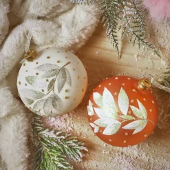 Lot de 6 boules de Noël en verre (D80 mm) Nature d'hiver Cognac et blanc laine