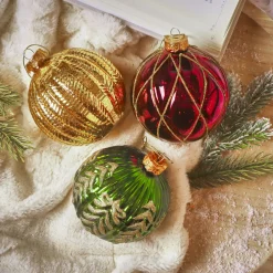 Lot de 12 boules de Noël en verre (D100 mm) Rêverie Bordeaux, vert sapin et or