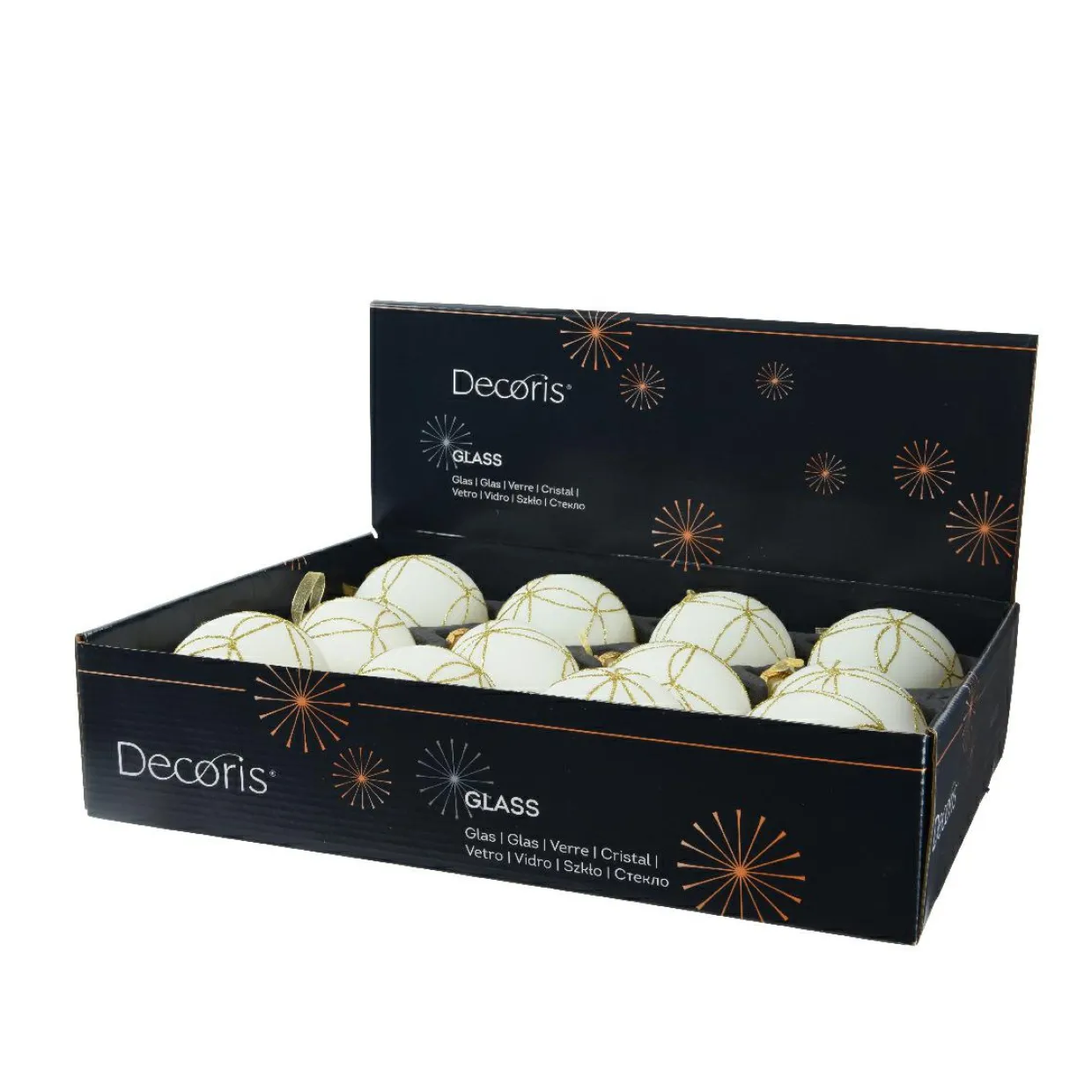 Lot de 12 boules de Noël en verre (D80 mm) Paris pailleté Blanc laine