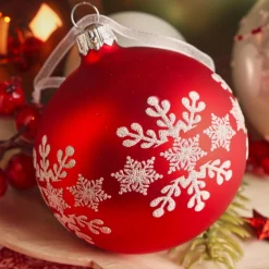 Lot de 6 boules de Noël en verre (D80 mm) Flocon de neige Rouge